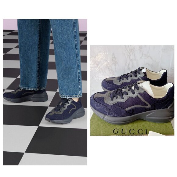 Gucci Rython GG Logo Monogram Mens Sneaker Blue Canvas Leather UK 10/ US 10.5 - Picture 1 of 13